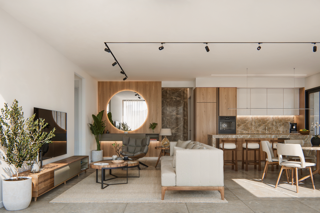Open-plan living room and kitchen at Palmera Gardens