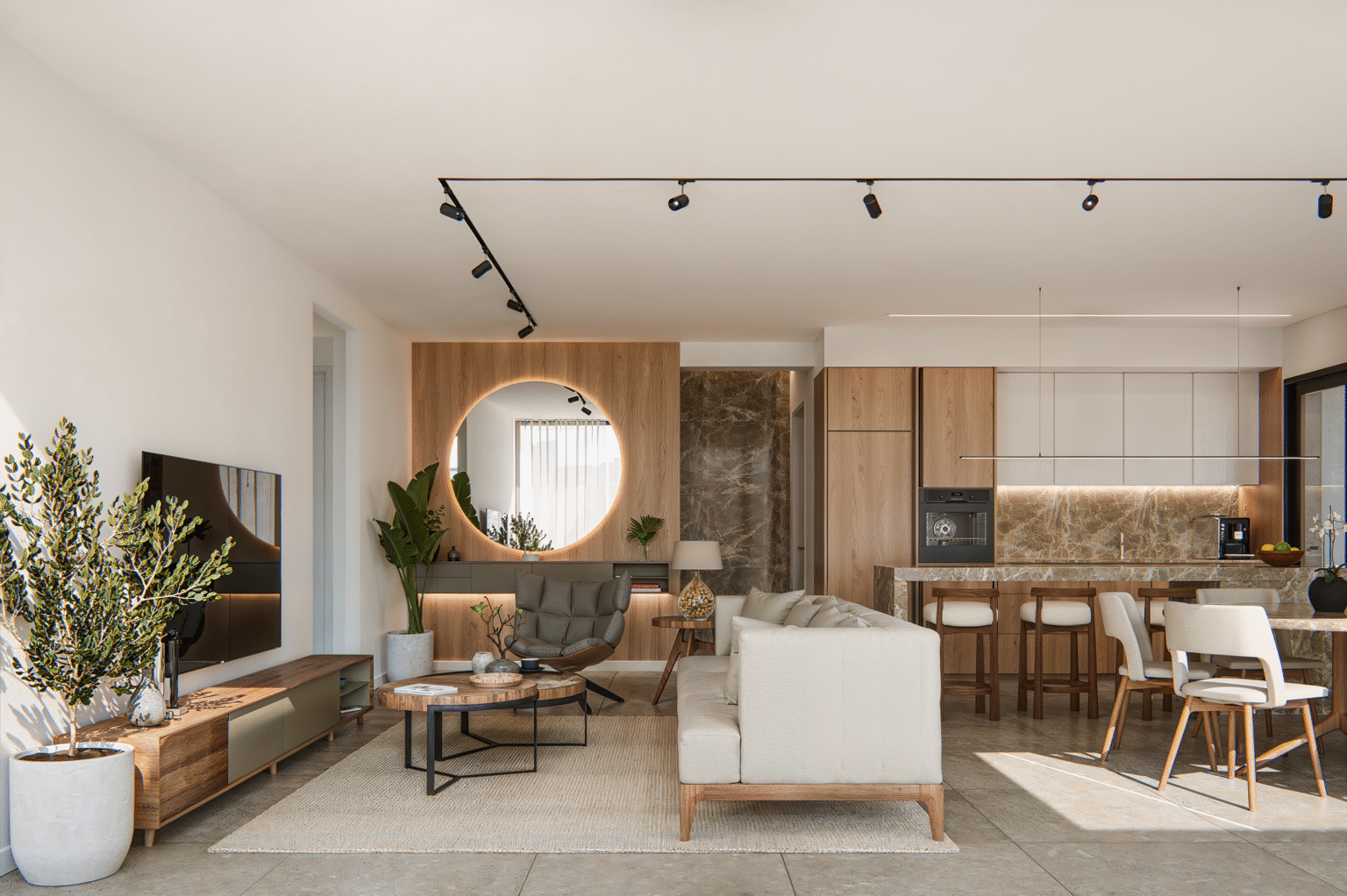 Open-plan living room and kitchen at Palmera Gardens